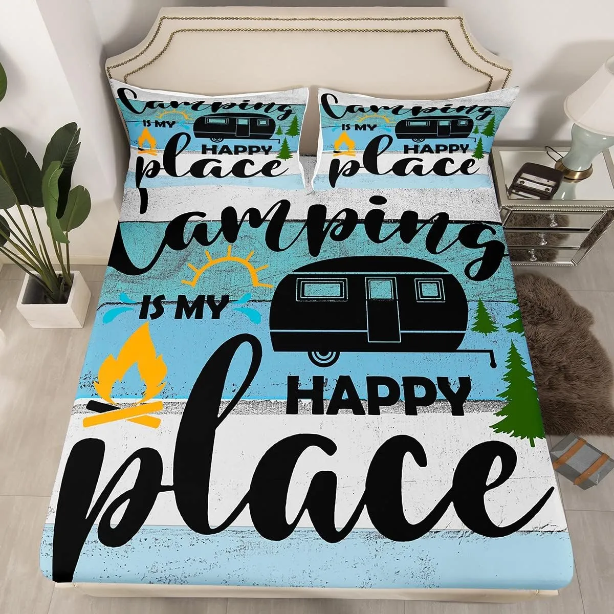 Feelyou Camper Bed Sheet Set Happy Camping Bedding Set RV Camping Fitted Sheet Light Blue Camping Flat Sheet for Kids Boys Girls Adults 3Pcs with 1 Pillow Case Twin