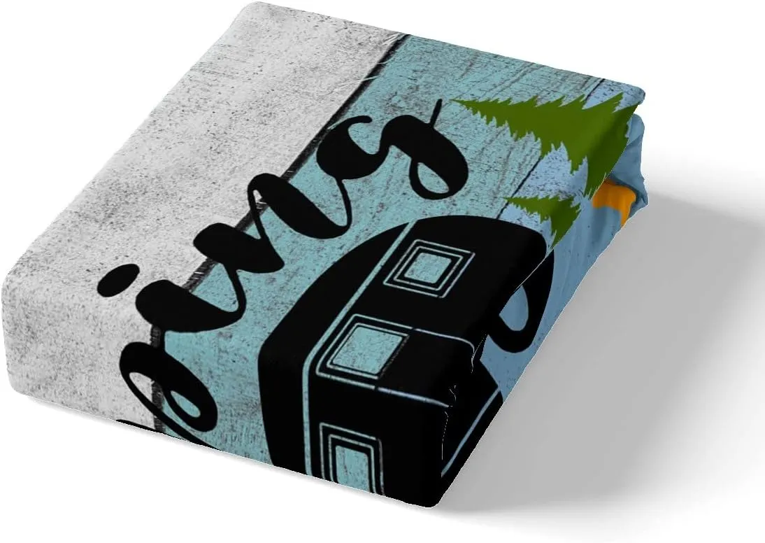 Feelyou Camper Bed Sheet Set Happy Camping Bedding Set RV Camping Fitted Sheet Light Blue Camping Flat Sheet for Kids Boys Girls Adults 3Pcs with 1 Pillow Case Twin
