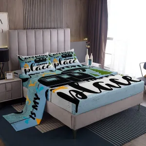 Feelyou Camper Bed Sheet Set Happy Camping Bedding Set RV Camping Fitted Sheet Light Blue Camping Flat Sheet for Kids Boys Girls Adults 3Pcs with 1 Pillow Case Twin