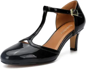 fereshte Women's Men's Mary Jane T-Strap Round Toe Mid Kitten Heel Pumps Shoes