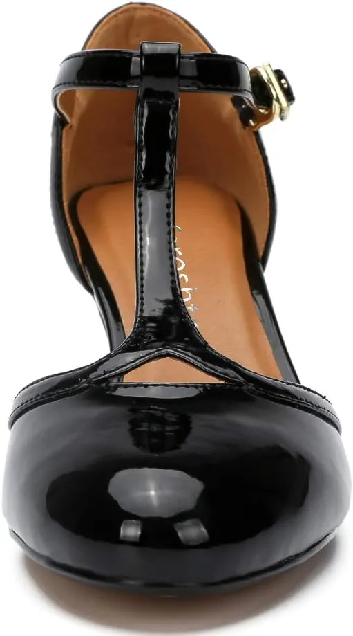 fereshte Women's Men's Mary Jane T-Strap Round Toe Mid Kitten Heel Pumps Shoes