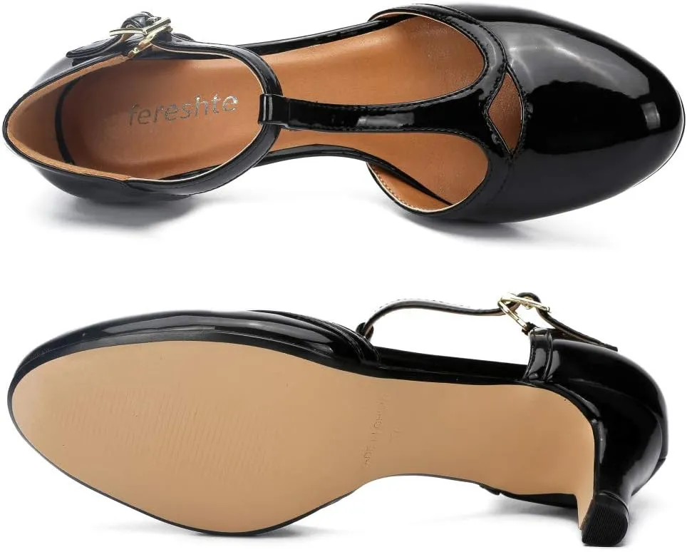 fereshte Women's Men's Mary Jane T-Strap Round Toe Mid Kitten Heel Pumps Shoes