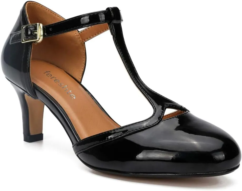 fereshte Women's Men's Mary Jane T-Strap Round Toe Mid Kitten Heel Pumps Shoes