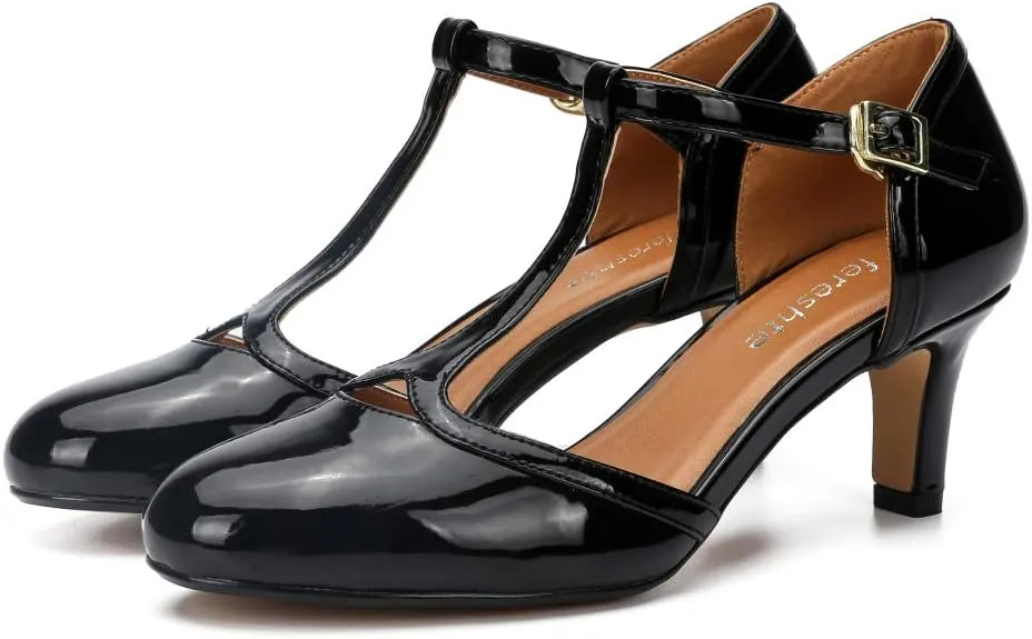 fereshte Women's Men's Mary Jane T-Strap Round Toe Mid Kitten Heel Pumps Shoes