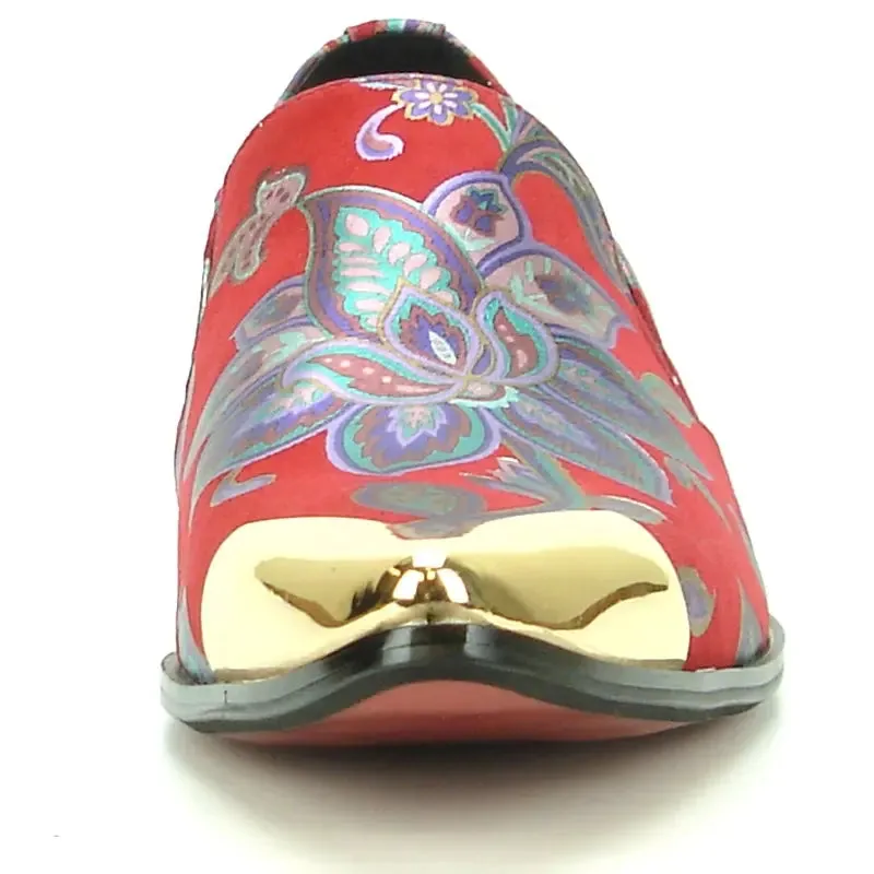 Fiesso FI-7133 Red Floral Metal Tip Loafers
