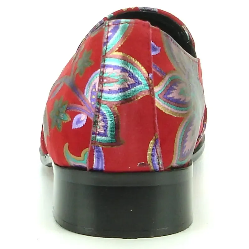 Fiesso FI-7133 Red Floral Metal Tip Loafers
