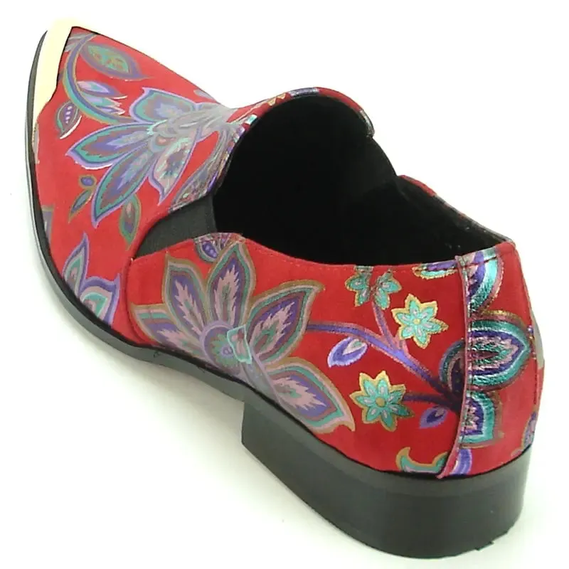 Fiesso FI-7133 Red Floral Metal Tip Loafers