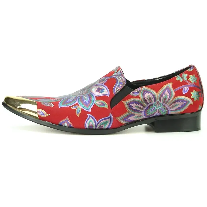 Fiesso FI-7133 Red Floral Metal Tip Loafers