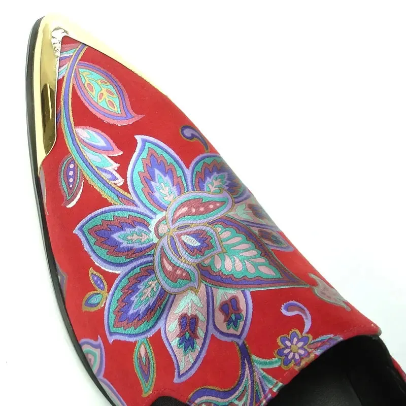 Fiesso FI-7133 Red Floral Metal Tip Loafers