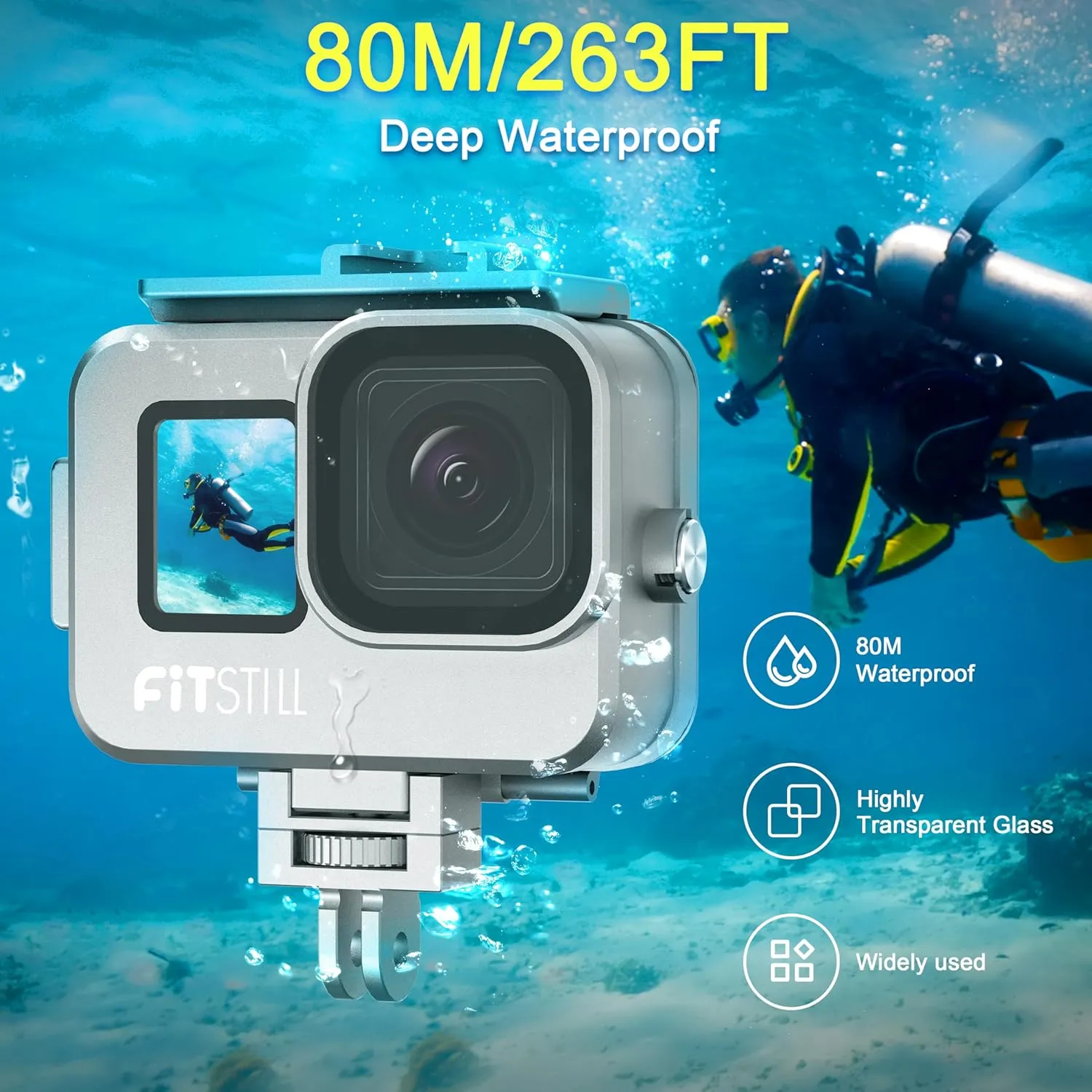 FitStill 263FT/80M Underwater Waterproof Diving Housing for Go Pro Hero 13/12/11/10/9 Black,Protective Underwater Diving Housing Shell Accessories (Hero13/12/11/10/9 Aluminum Alloy Shell)