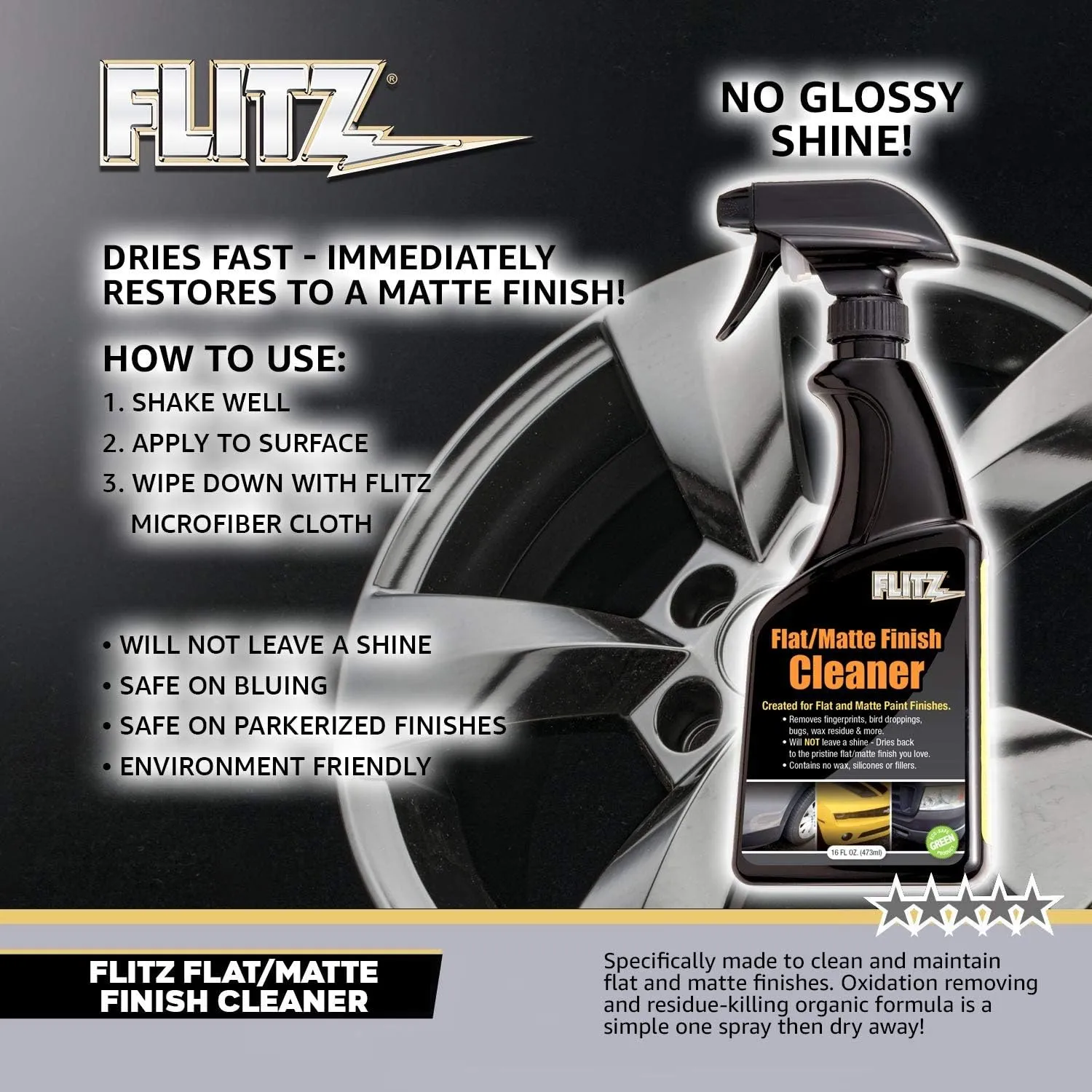 Flitz Flat Matte Finish Cleaner, Matte Spray Paint Wrap For Cars - Removes Dust and Oily Residue - Safe For All Paints - Made in the USA - 16 oz. Spray Bottle