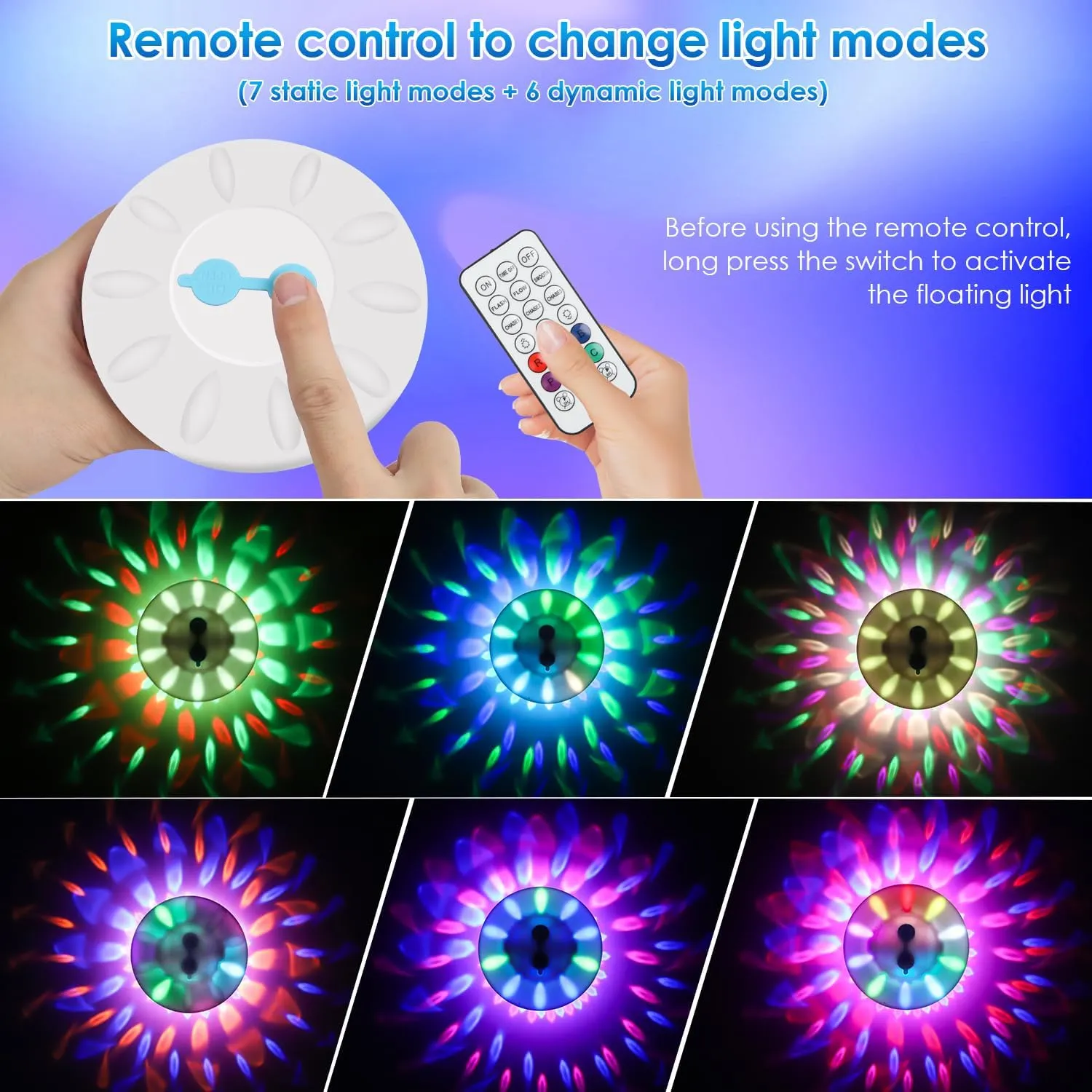 Floating Pool Lights, Rechargeable Pool Lights with 6 Dynamic Lighting Effects, Upper and Lower Color Changing Floating Light, IP68 Waterproof Lights for Pools, Hot Tubs, Fountain 1 Pack