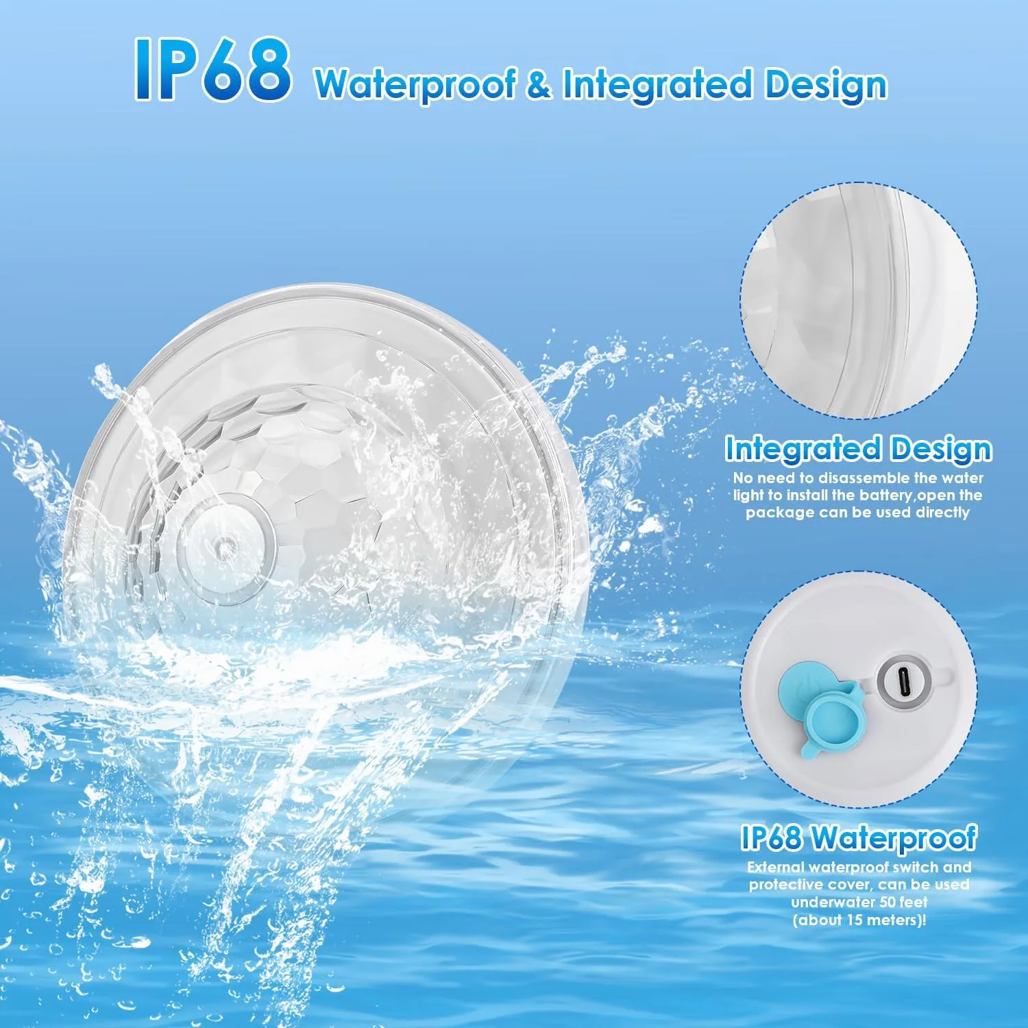 Floating Pool Lights, Rechargeable Pool Lights with 6 Dynamic Lighting Effects, Upper and Lower Color Changing Floating Light, IP68 Waterproof Lights for Pools, Hot Tubs, Fountain 1 Pack