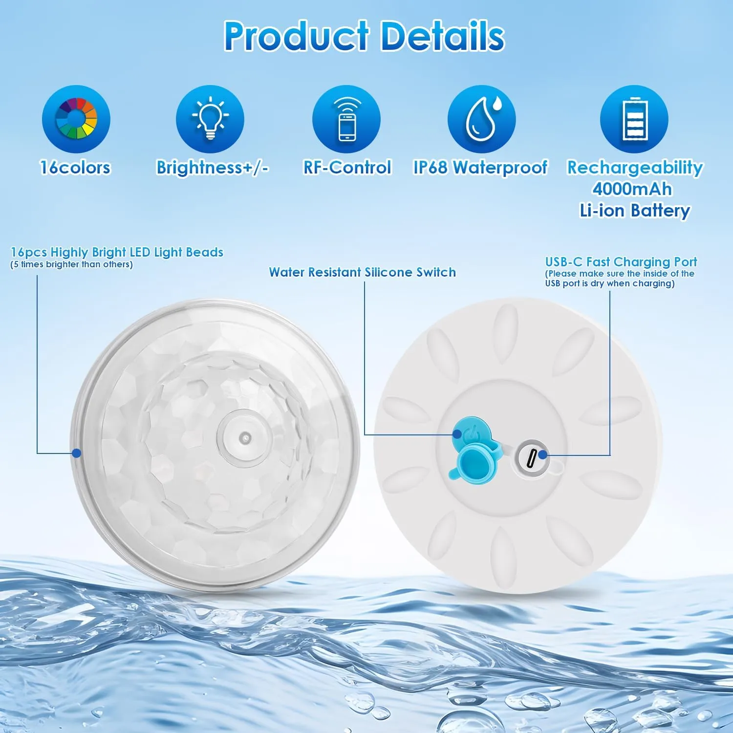 Floating Pool Lights, Rechargeable Pool Lights with 6 Dynamic Lighting Effects, Upper and Lower Color Changing Floating Light, IP68 Waterproof Lights for Pools, Hot Tubs, Fountain 1 Pack