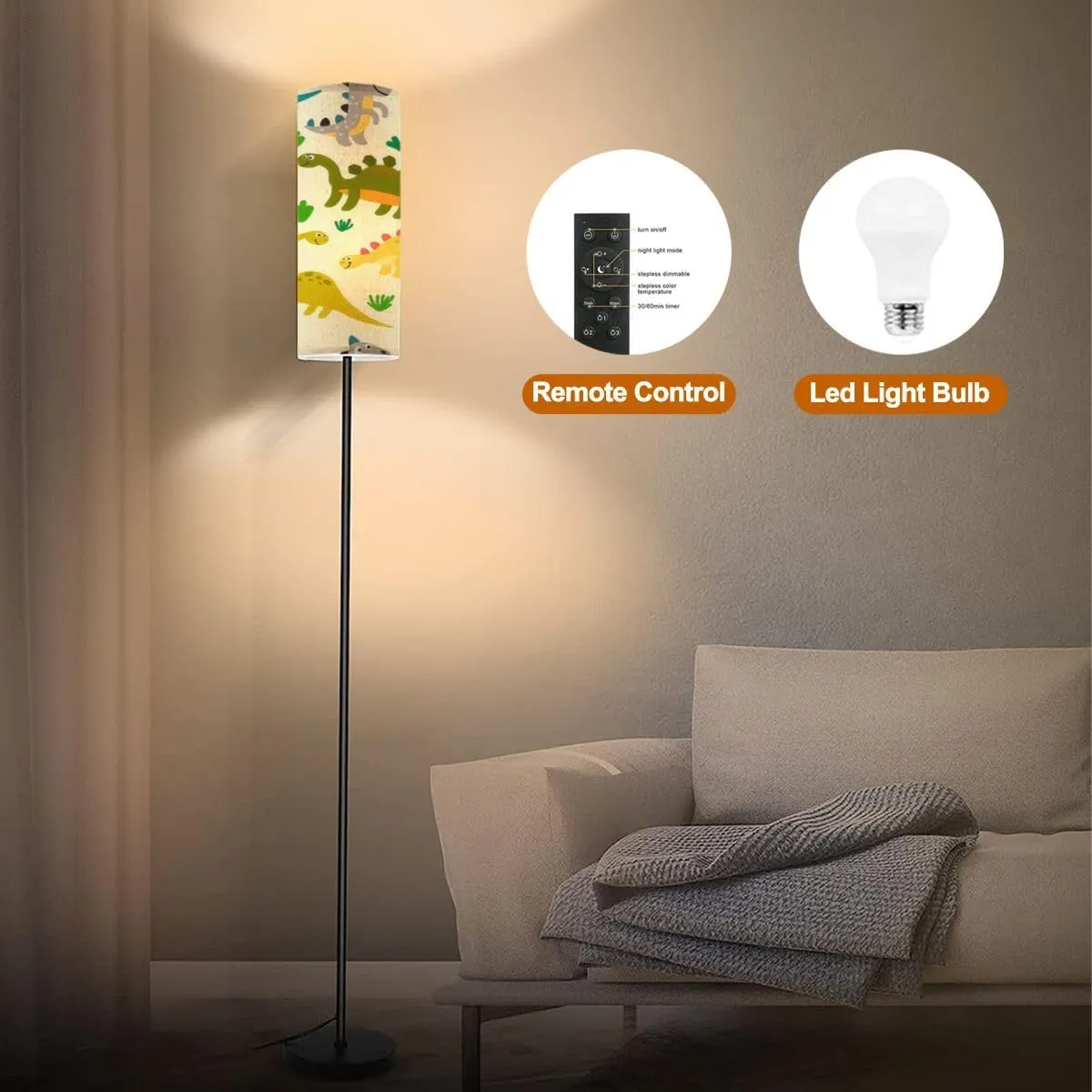 Floor Lamp for Living Room Cute dinosaurs seamless pattern flat childlike style Prehistoric Modern Standing Lamp Remote Control Dimmable Pole Lamp Corner Tall Lamp for Office Bedroom Reading