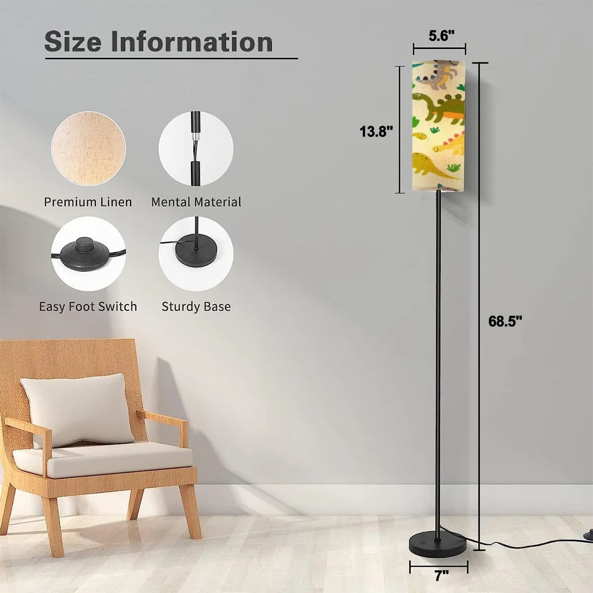 Floor Lamp for Living Room Cute dinosaurs seamless pattern flat childlike style Prehistoric Modern Standing Lamp Remote Control Dimmable Pole Lamp Corner Tall Lamp for Office Bedroom Reading