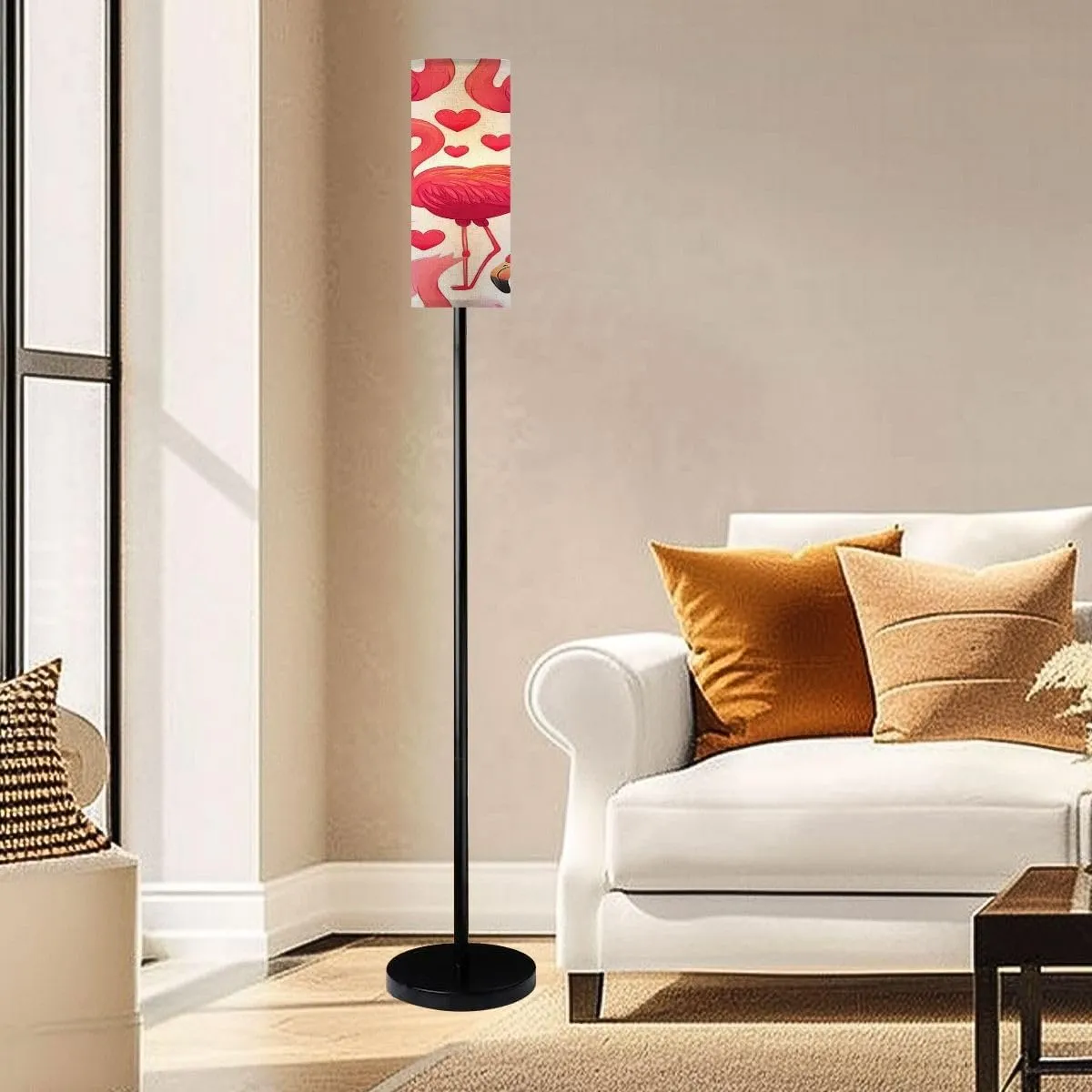 Floor Lamp for Living Room Pink Flamingos Hearts Transparent Pink Flamingo Flat Style Light Stand Lamp with Remote Control Dimmable LED Tall Lamps for Bedrooms Reading Western Home Decor