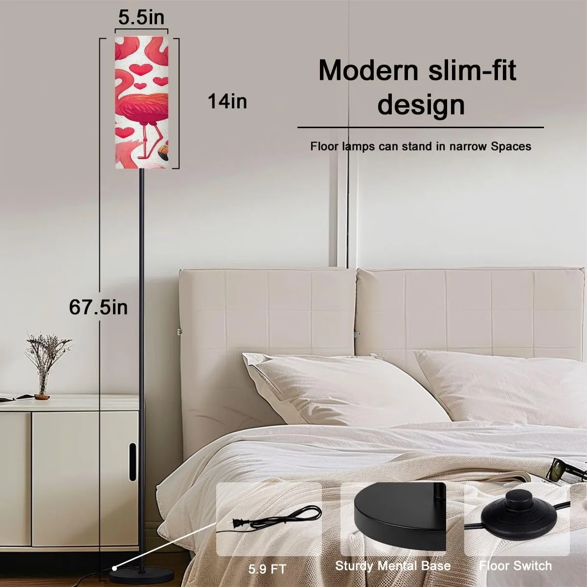 Floor Lamp for Living Room Pink Flamingos Hearts Transparent Pink Flamingo Flat Style Light Stand Lamp with Remote Control Dimmable LED Tall Lamps for Bedrooms Reading Western Home Decor