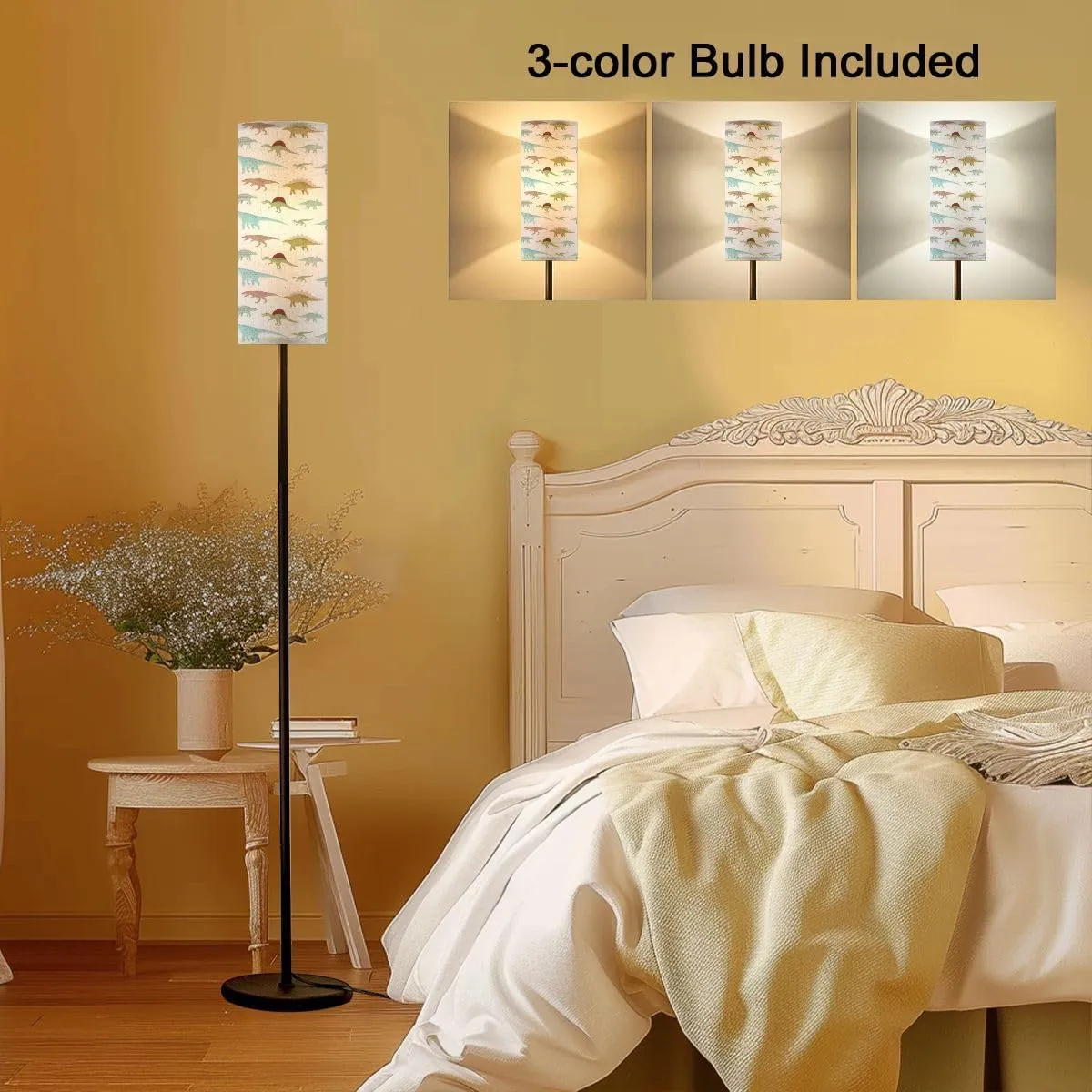 Floor Lamp for Living Room Seamless Pattern Flat Hand Drawn Dinosaurs White Light Stand Lamp with Remote Control Dimmable LED Tall Lamps for Bedrooms Reading Western Home Decor