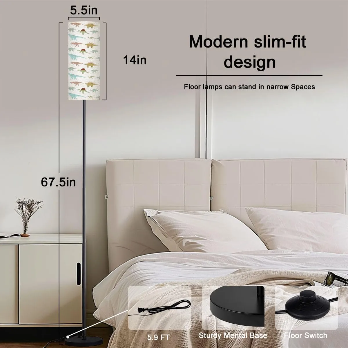Floor Lamp for Living Room Seamless Pattern Flat Hand Drawn Dinosaurs White Light Stand Lamp with Remote Control Dimmable LED Tall Lamps for Bedrooms Reading Western Home Decor