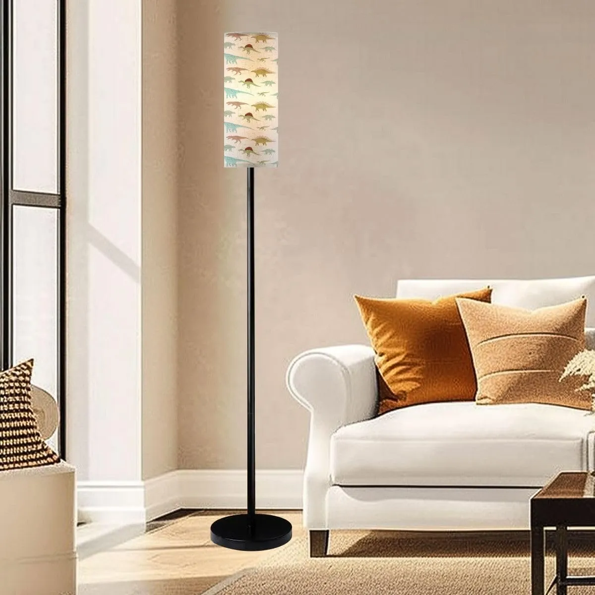 Floor Lamp for Living Room Seamless Pattern Flat Hand Drawn Dinosaurs White Light Stand Lamp with Remote Control Dimmable LED Tall Lamps for Bedrooms Reading Western Home Decor