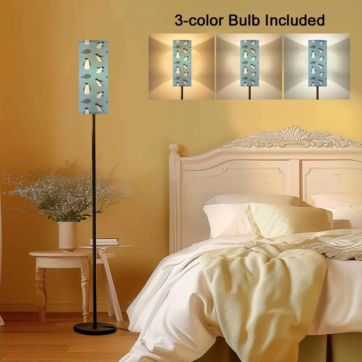 Floor Lamp for Living Room Seamless Pattern Flat Hand Drawn Penguin Blue Light Stand Lamp with Remote Control Dimmable LED Tall Lamps for Bedrooms Reading Western Home Decor