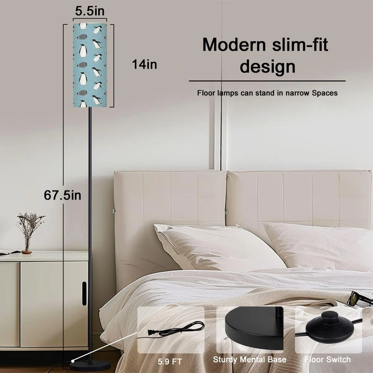 Floor Lamp for Living Room Seamless Pattern Flat Hand Drawn Penguin Blue Light Stand Lamp with Remote Control Dimmable LED Tall Lamps for Bedrooms Reading Western Home Decor