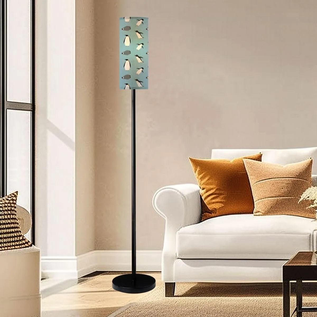 Floor Lamp for Living Room Seamless Pattern Flat Hand Drawn Penguin Blue Light Stand Lamp with Remote Control Dimmable LED Tall Lamps for Bedrooms Reading Western Home Decor