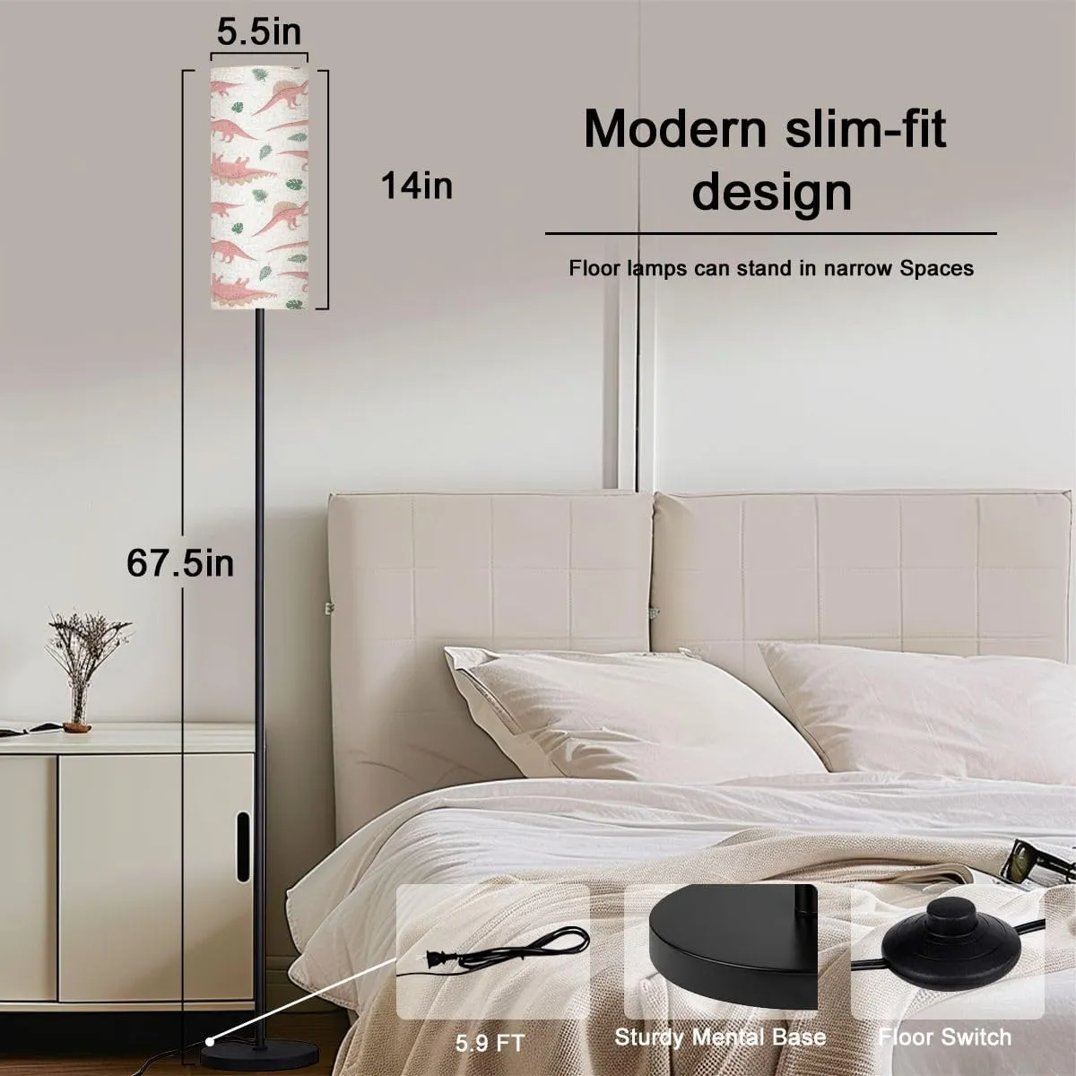 Floor Lamp for Living Room Seamless Pattern Pink Hand Drawn Flat Dinosaur White Light Stand Lamp with Remote Control Dimmable LED Tall Lamps for Bedrooms Reading Western Home Decor