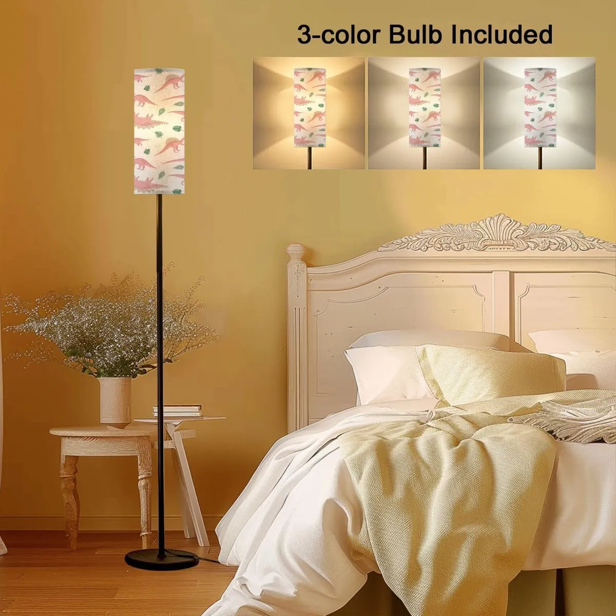 Floor Lamp for Living Room Seamless Pattern Pink Hand Drawn Flat Dinosaur White Light Stand Lamp with Remote Control Dimmable LED Tall Lamps for Bedrooms Reading Western Home Decor