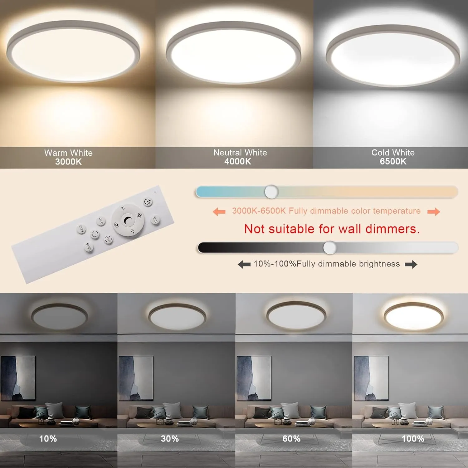 Flush Mount LED Ceiling Light Dimmable with Remote Control, 15.3 Inch 35W RGB Frontlight Close to Ceiling Light Fixture 3000-6500K, Modern Ultra-Thin Round Ceiling Lamp