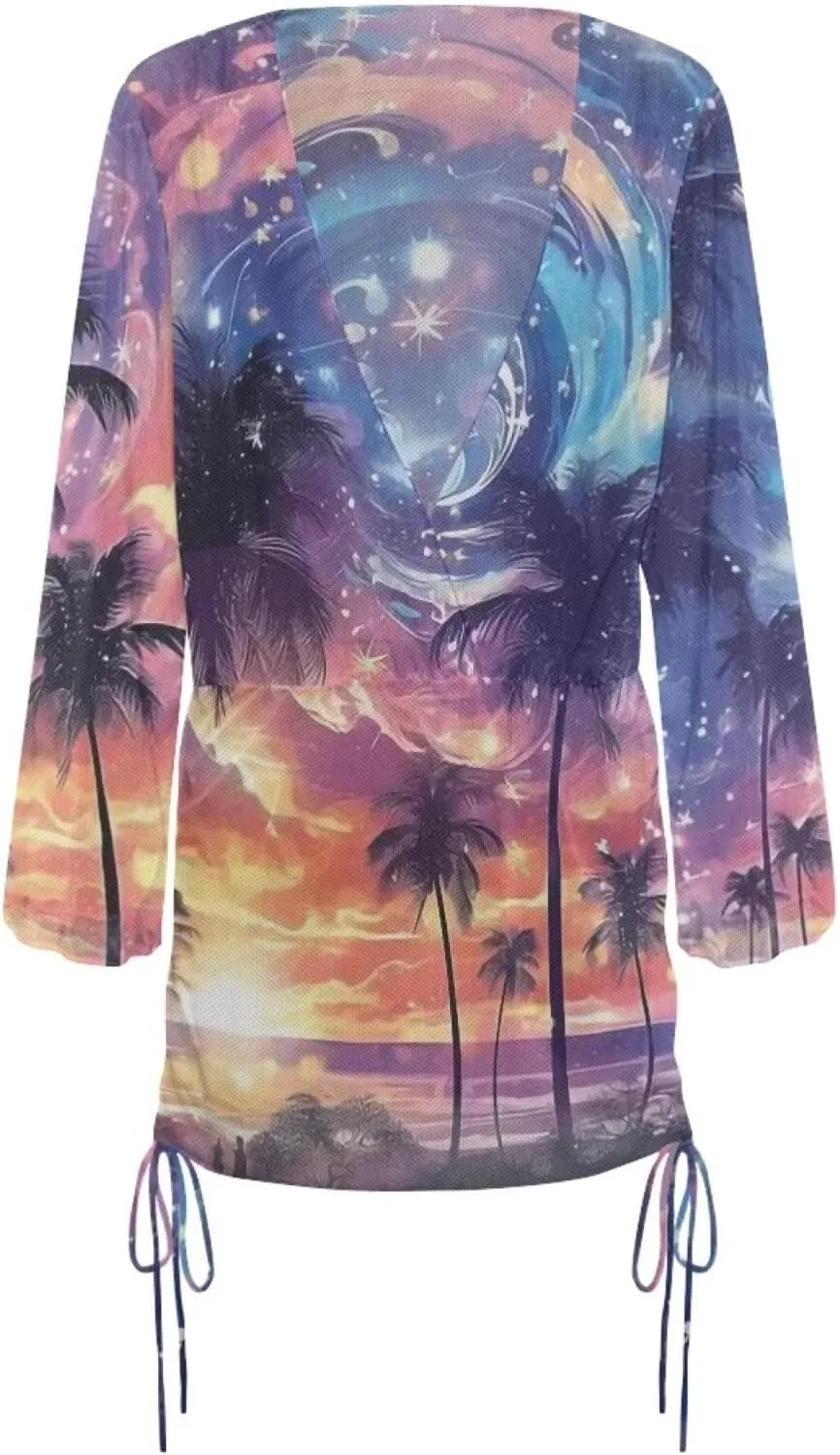 Forchrinse Women's Swimsuit Cover up Sexy Deep V Neck Bikini Cover ups Summer Sheer Long Sleeve Mini Beach Dress