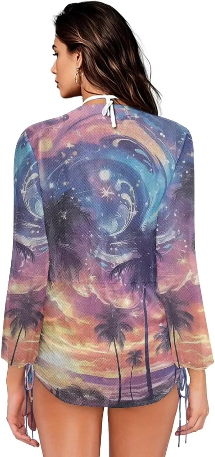 Forchrinse Women's Swimsuit Cover up Sexy Deep V Neck Bikini Cover ups Summer Sheer Long Sleeve Mini Beach Dress