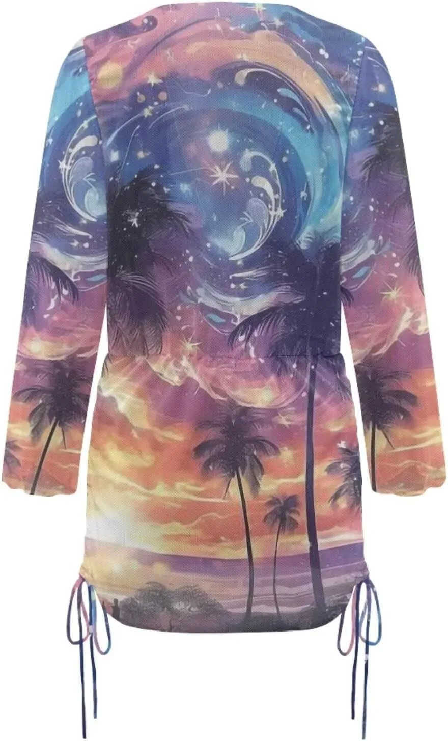 Forchrinse Women's Swimsuit Cover up Sexy Deep V Neck Bikini Cover ups Summer Sheer Long Sleeve Mini Beach Dress