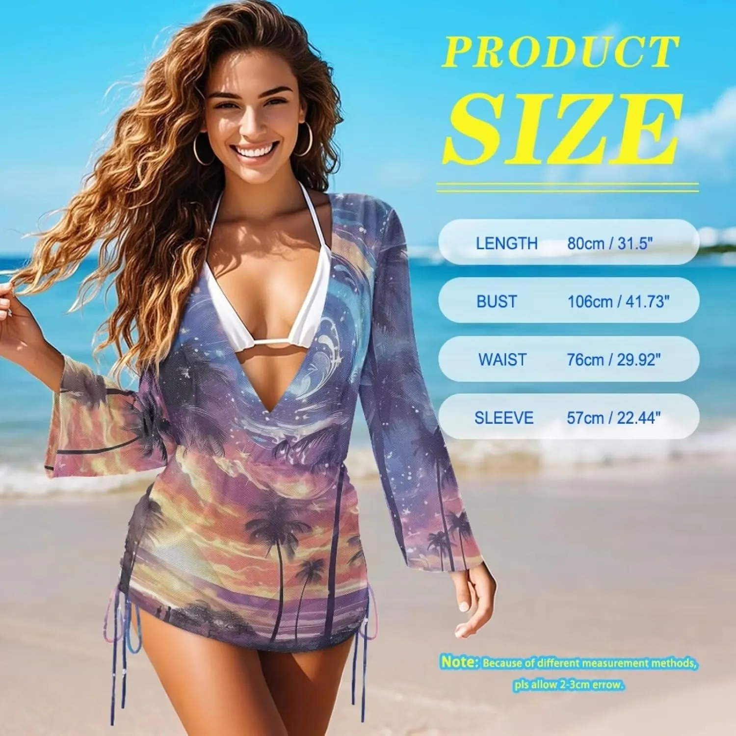 Forchrinse Women's Swimsuit Cover up Sexy Deep V Neck Bikini Cover ups Summer Sheer Long Sleeve Mini Beach Dress