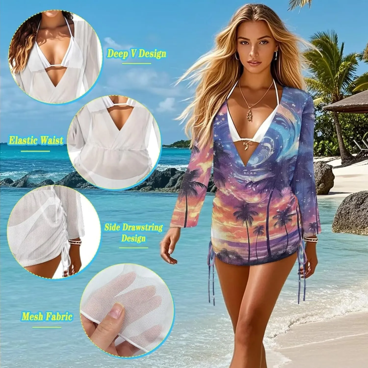 Forchrinse Women's Swimsuit Cover up Sexy Deep V Neck Bikini Cover ups Summer Sheer Long Sleeve Mini Beach Dress