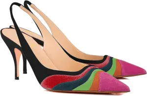 FOWT Women Pointed Toe Kitten Heeled Slingback Pumps Rainbow Color Stripes Elastic Band Mules Ladies Multicolored Slip on High Heel Sandals for Dress Date Prom 4-16