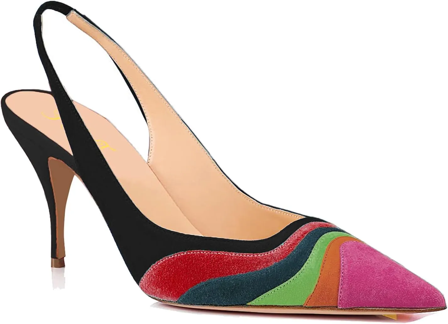 FOWT Women Pointed Toe Kitten Heeled Slingback Pumps Rainbow Color Stripes Elastic Band Mules Ladies Multicolored Slip on High Heel Sandals for Dress Date Prom 4-16