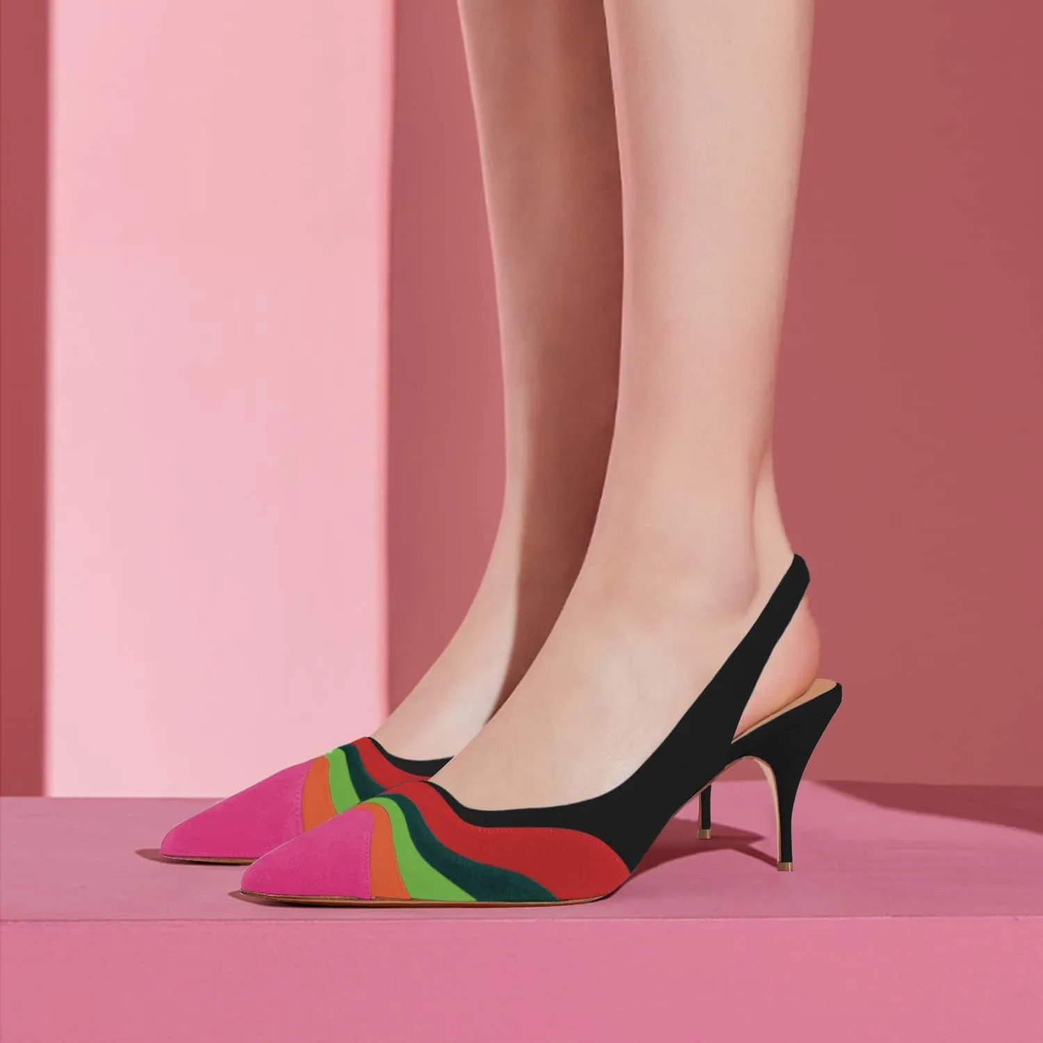 FOWT Women Pointed Toe Kitten Heeled Slingback Pumps Rainbow Color Stripes Elastic Band Mules Ladies Multicolored Slip on High Heel Sandals for Dress Date Prom 4-16