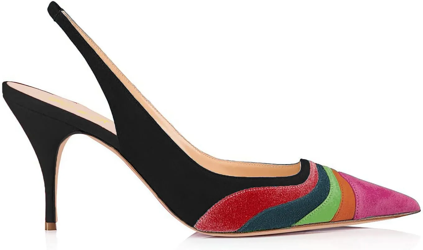FOWT Women Pointed Toe Kitten Heeled Slingback Pumps Rainbow Color Stripes Elastic Band Mules Ladies Multicolored Slip on High Heel Sandals for Dress Date Prom 4-16