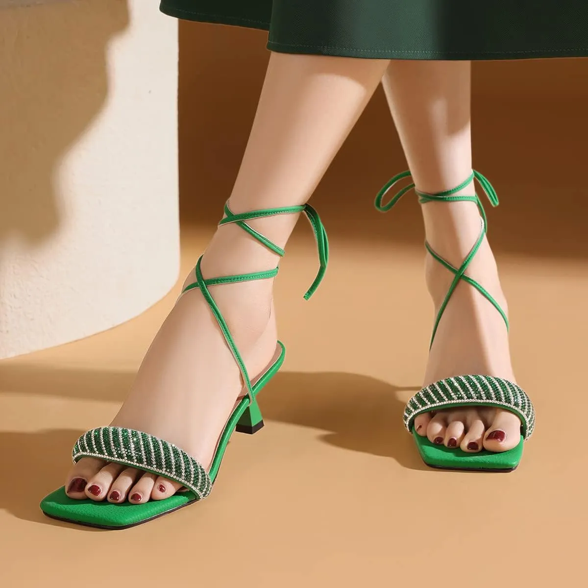 FSJ Women Graceful Rhinestone One Strap Open Toe Kitten Heel Sandals Cross Lace Up Ankle Strap Party Dress Shoes Size 4-15 US