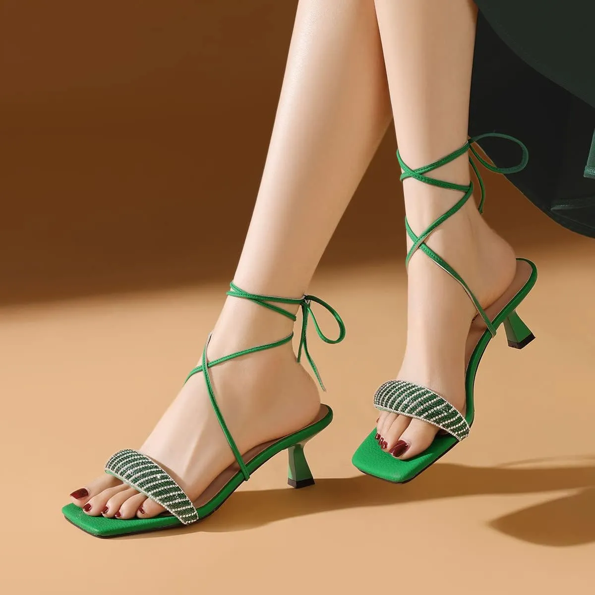 FSJ Women Graceful Rhinestone One Strap Open Toe Kitten Heel Sandals Cross Lace Up Ankle Strap Party Dress Shoes Size 4-15 US