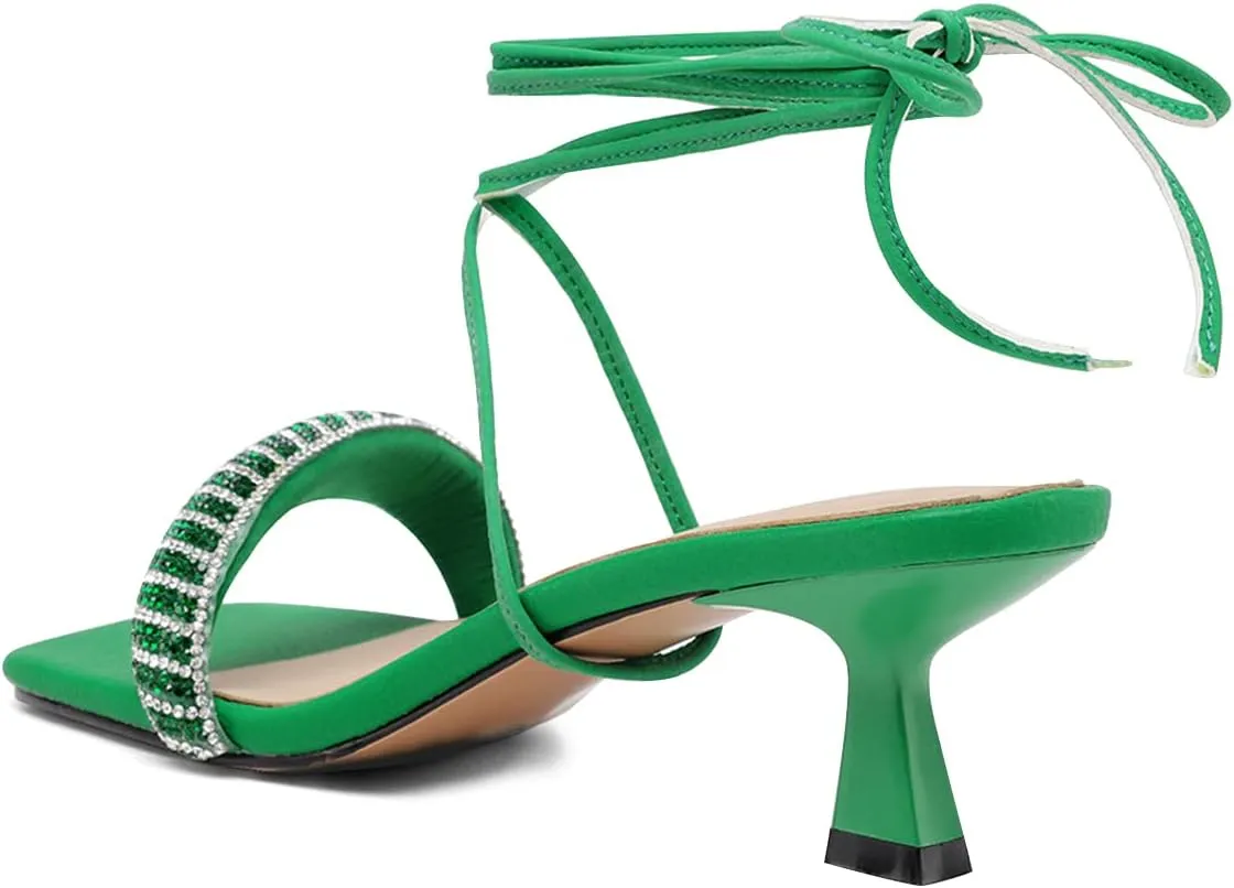 FSJ Women Graceful Rhinestone One Strap Open Toe Kitten Heel Sandals Cross Lace Up Ankle Strap Party Dress Shoes Size 4-15 US