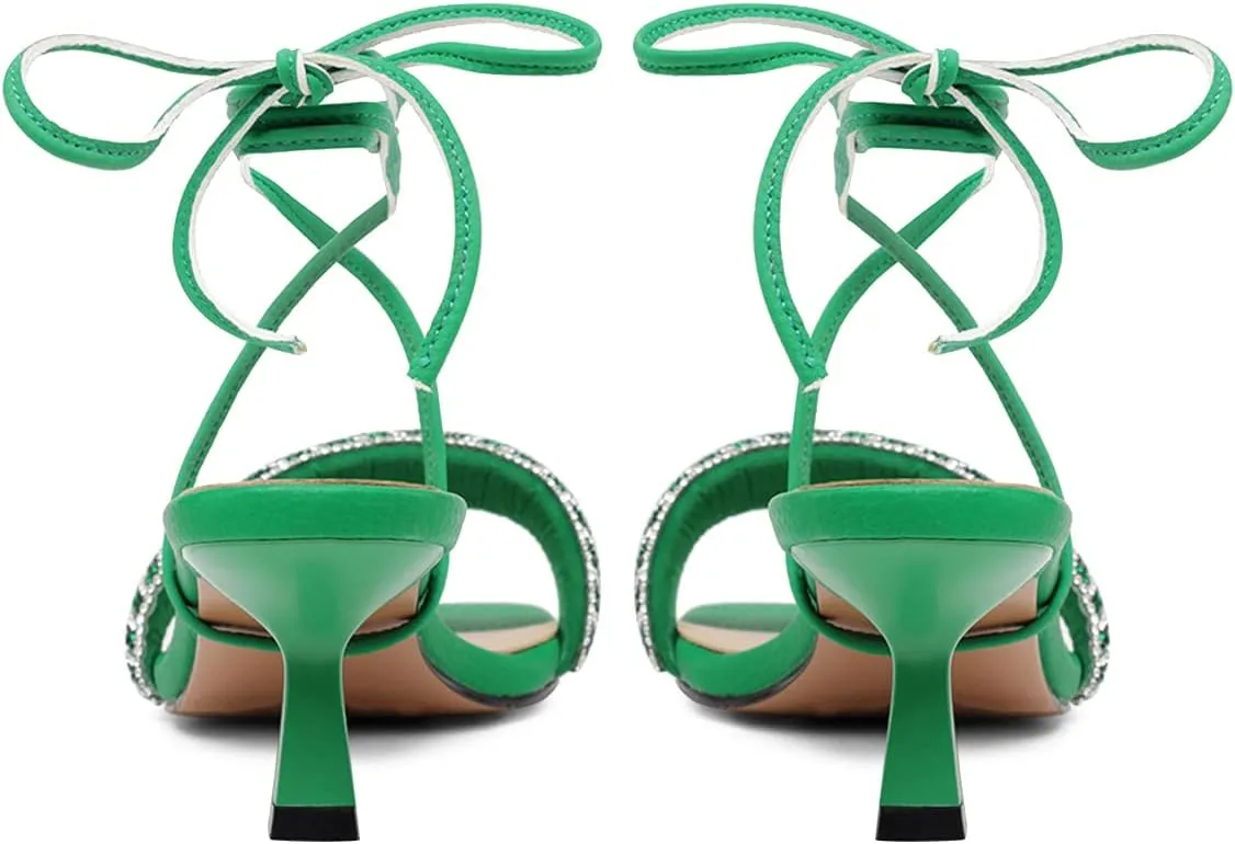 FSJ Women Graceful Rhinestone One Strap Open Toe Kitten Heel Sandals Cross Lace Up Ankle Strap Party Dress Shoes Size 4-15 US