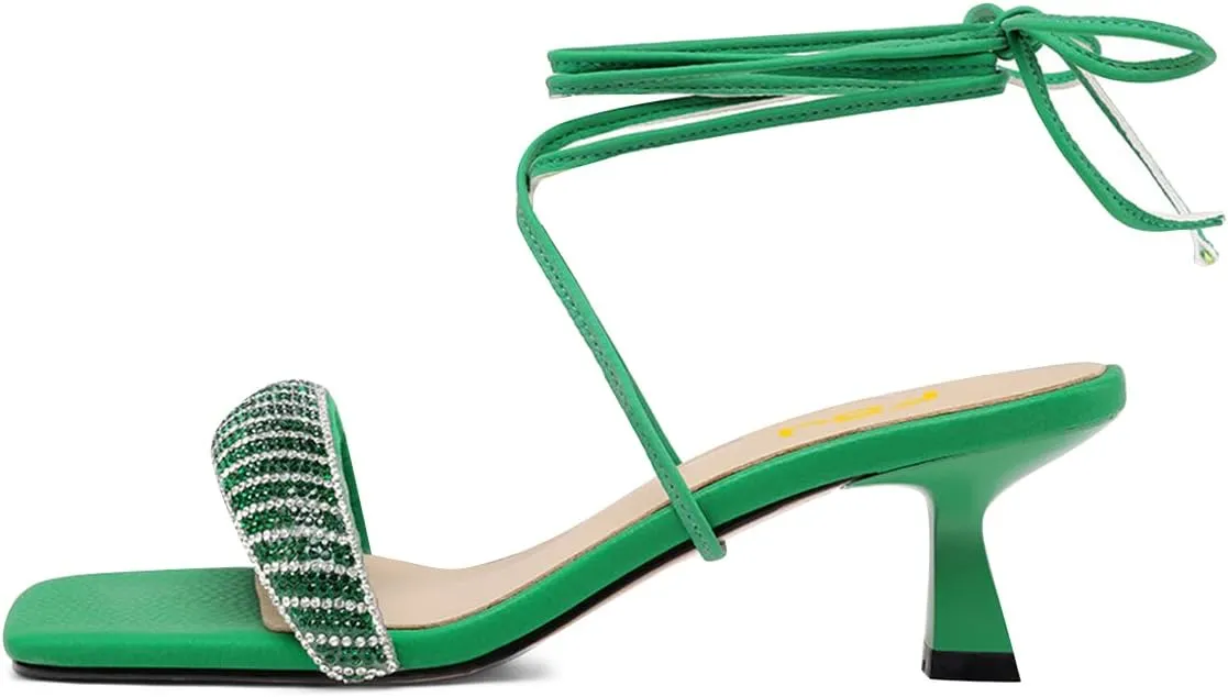 FSJ Women Graceful Rhinestone One Strap Open Toe Kitten Heel Sandals Cross Lace Up Ankle Strap Party Dress Shoes Size 4-15 US