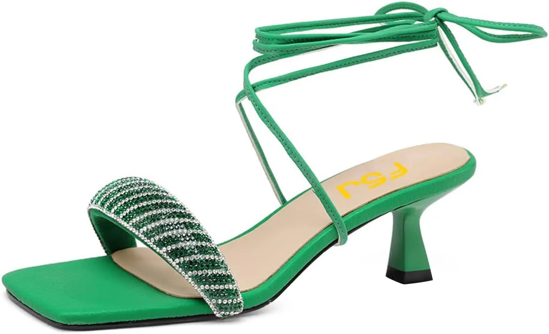 FSJ Women Graceful Rhinestone One Strap Open Toe Kitten Heel Sandals Cross Lace Up Ankle Strap Party Dress Shoes Size 4-15 US