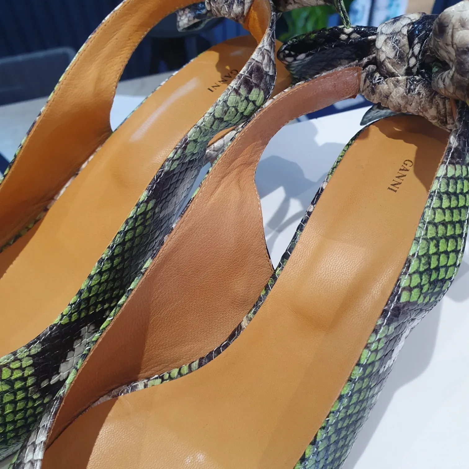 Ganni Green animal print slingbacks, size 40/7