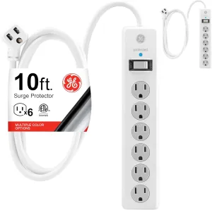GE 6-Outlet Surge Protector, 2 Pack, 10 Ft Extension Cord, Power Strip, 800 Joules, Flat Plug, Twist-to-Close Safety Covers, Protected Indicator Light, ETL Listed, White, 46862
