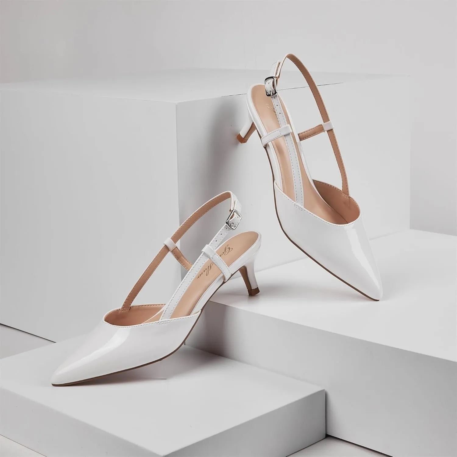 GENSHUO Low Kitten Heels Women's Slingback Dressy Pumps Pointed Closed Toe Ankle Strap Elegant Wedding Pumps Formal Comfortable Shoes