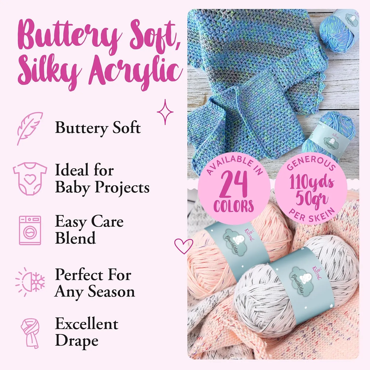 GentleBliss Soft Baby Yarn for Crocheting, 8 Skeins, 880Yds/400G, Free Patterns - Acrylic Baby Blanket Yarn for Knitting - Light Worsted 3 DK Weight - Blue Violet